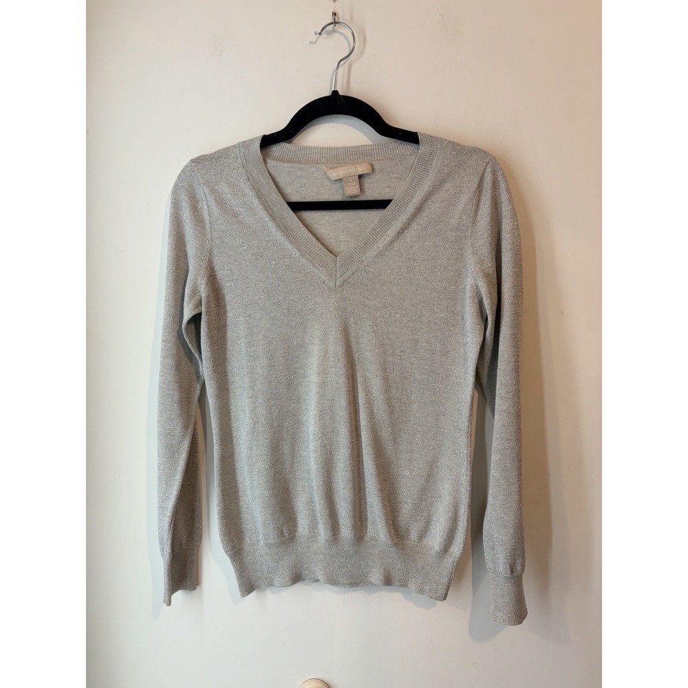 Banana Republic Silk Blend Metallic Shimmer Sweater‎ V Neck Gray Small